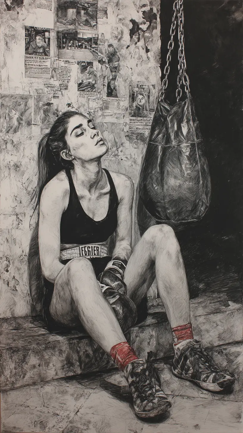 Exhausted female boxer resting on the gym floor