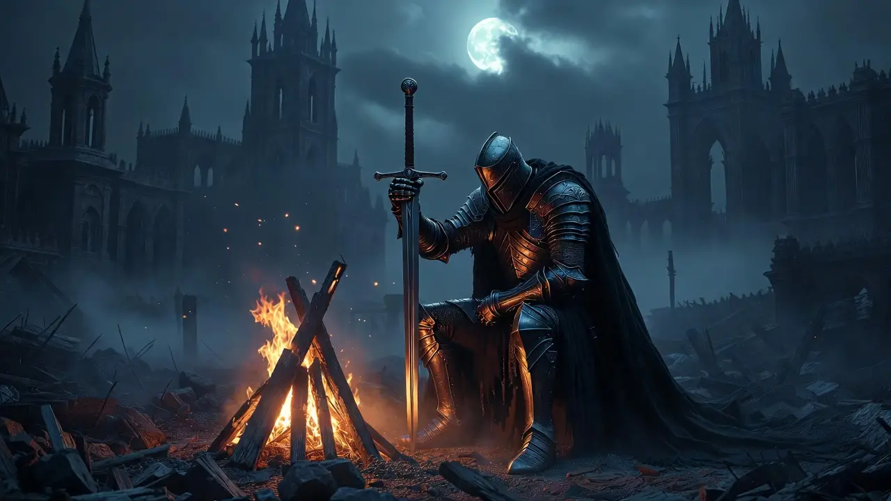 Dark fantasy knight resting by a lonely bonfire