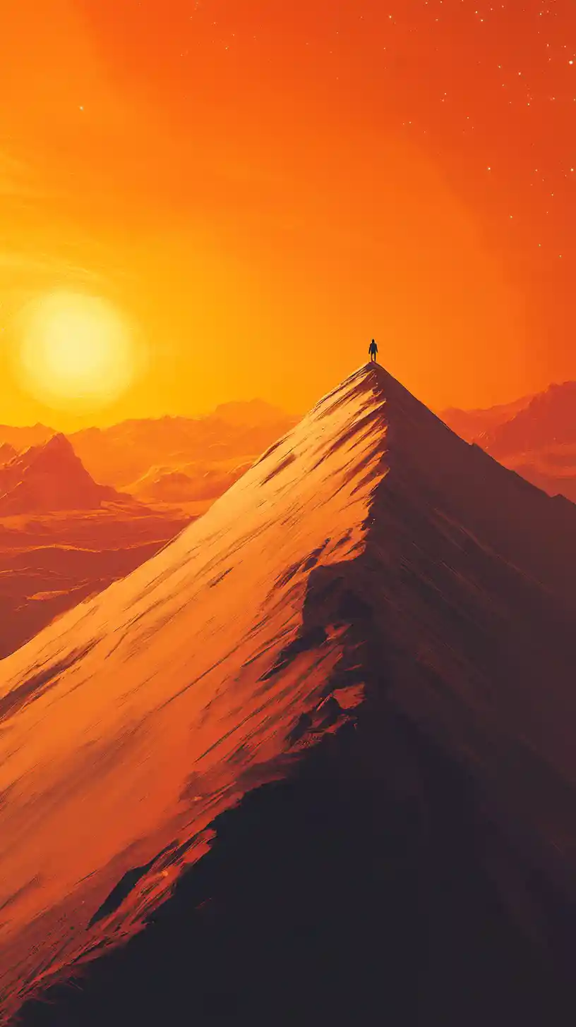 Lone figure on glowing desert ridge under cosmic sky