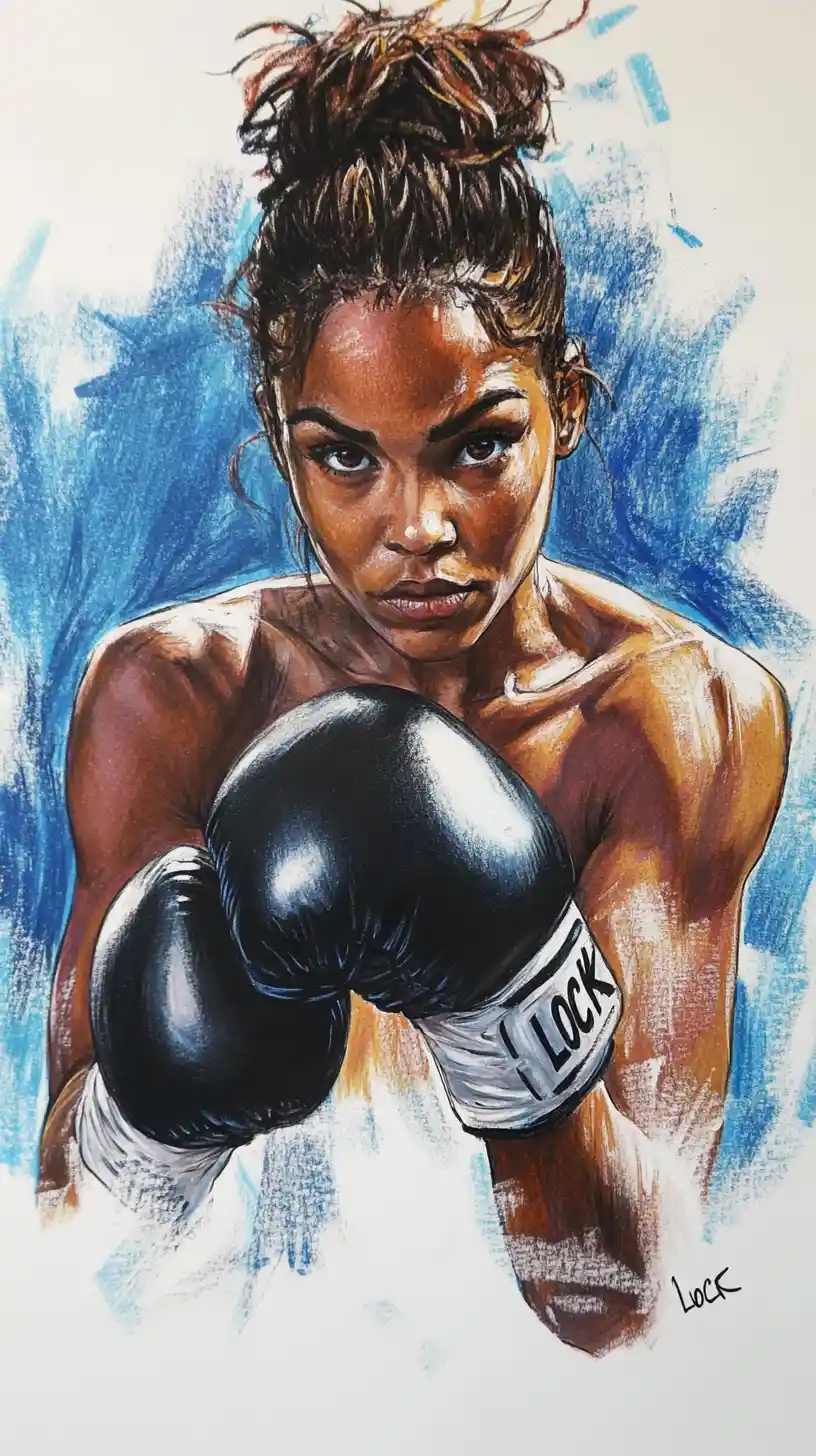 Intense female boxer portrait in dramatic over the shoulder view