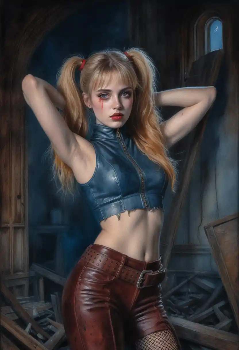 Woman in leather outfit lit by moonlight in ruins