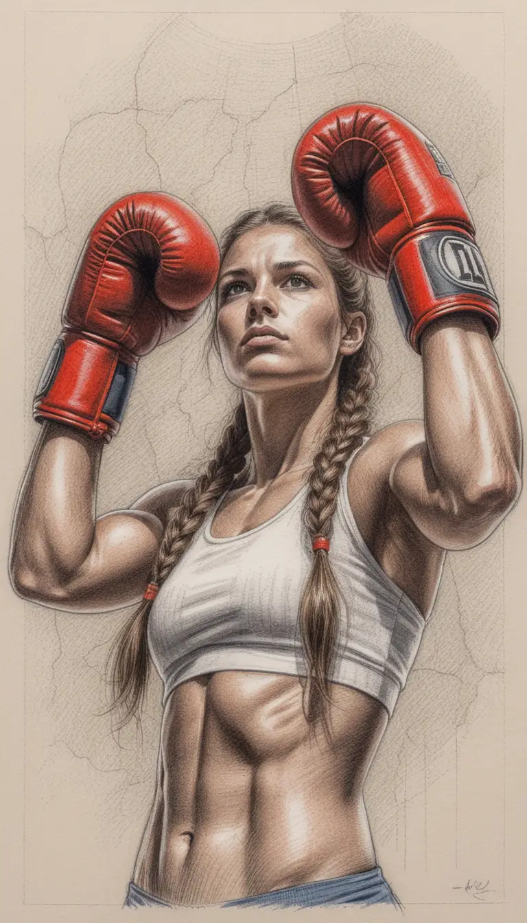 Athletic female boxer in guard on a gritty boxing ring