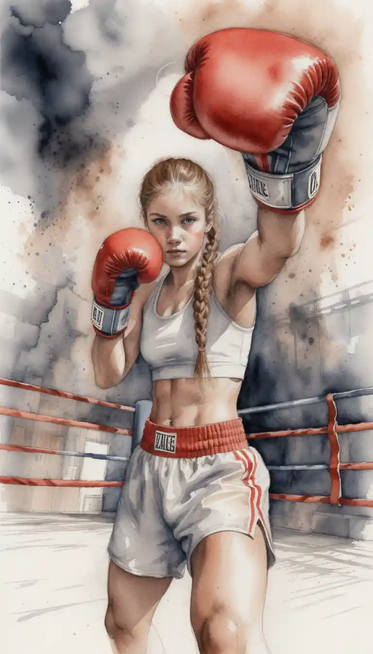 Athletic female boxer in guard pose on the ring