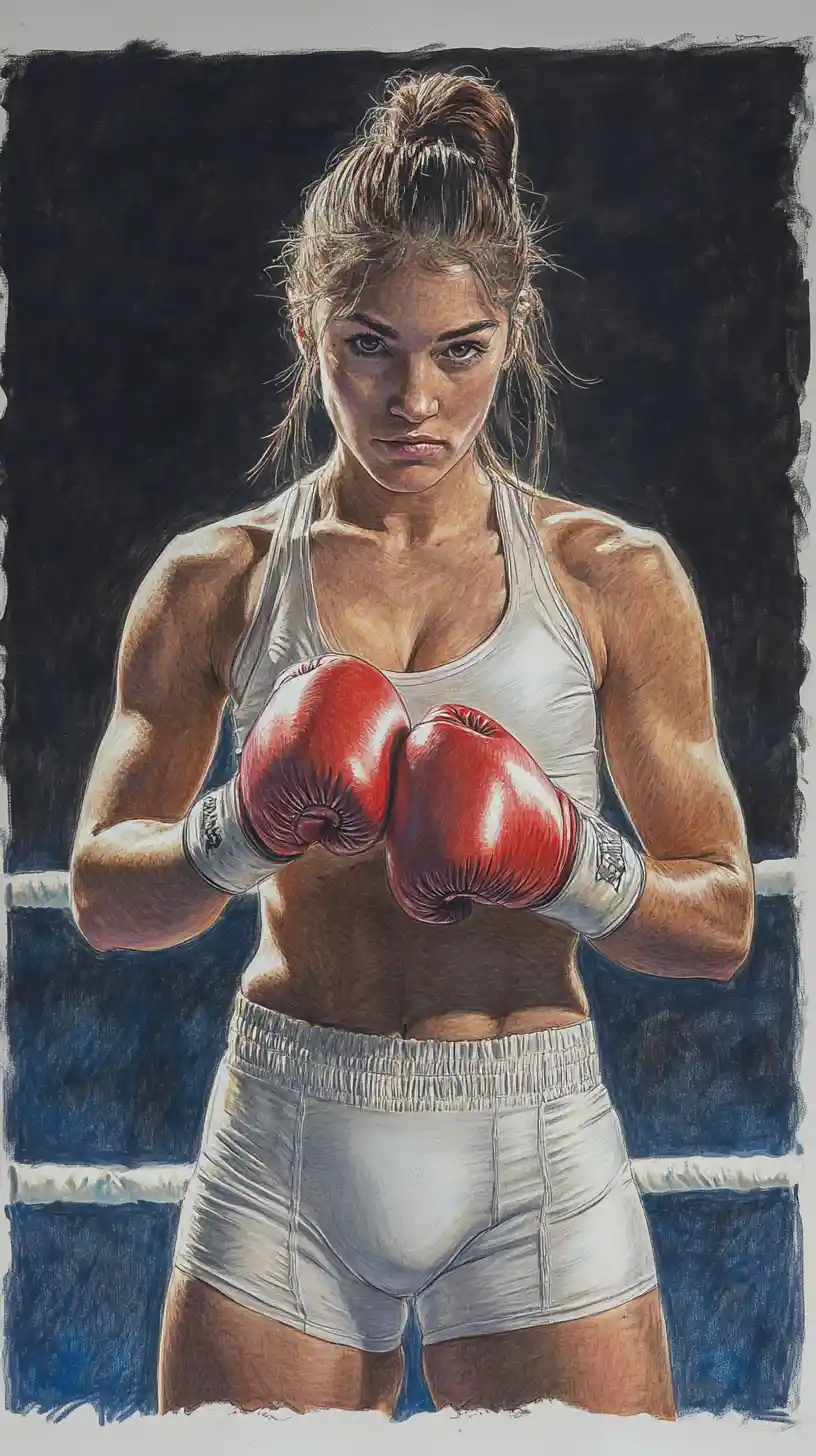 Female boxer resting between rounds under dramatic spotlight