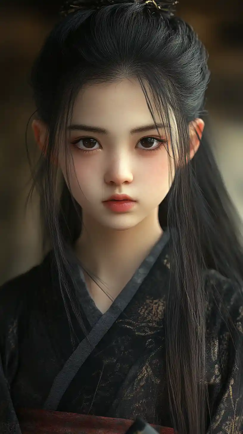 Stoic young girl with katana in misty temple courtyard