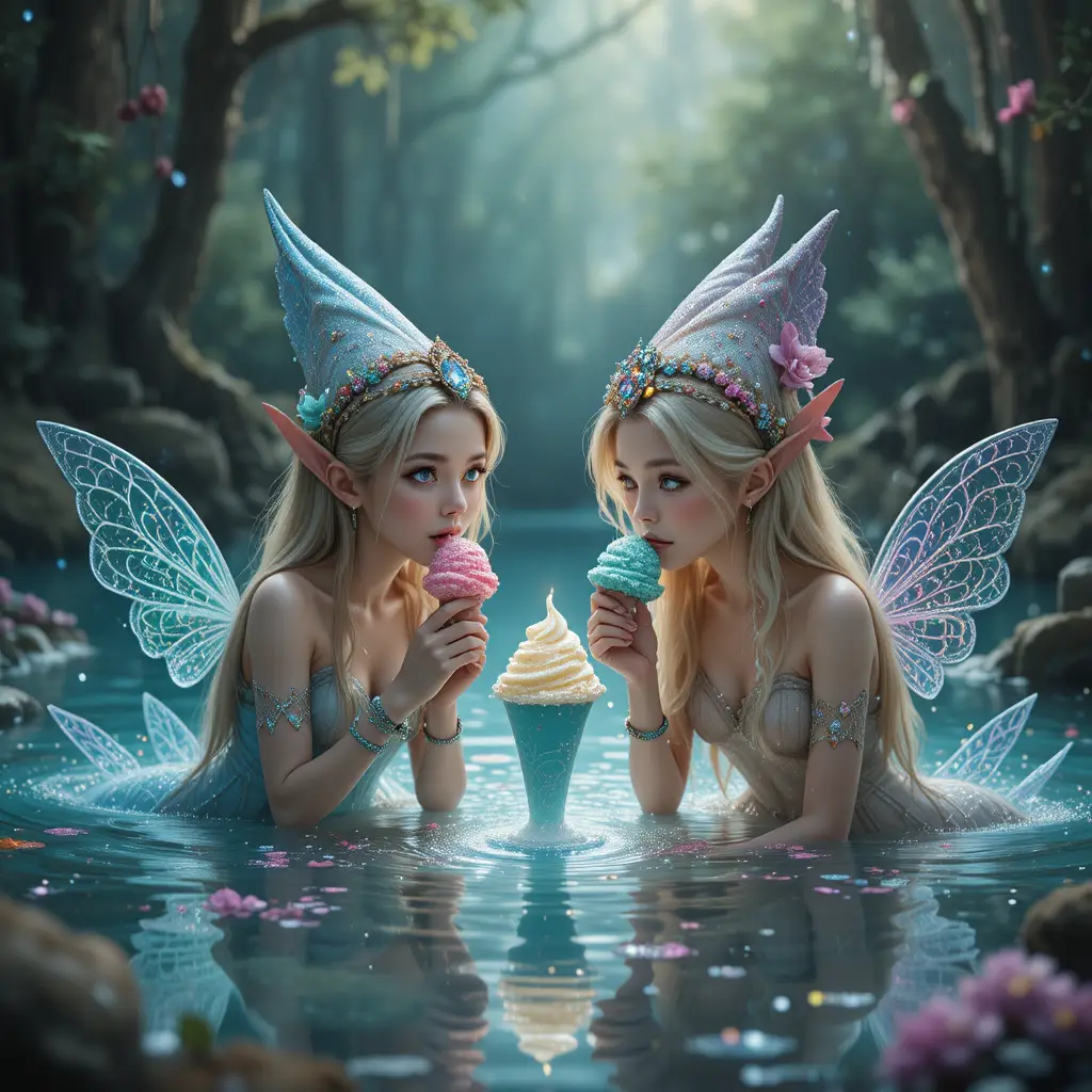 Elves And Fairies Sharing Glitter Ice Cream By A Lake