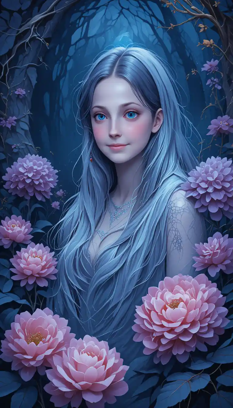 Silver haired goddess in flowers within enchanted forest