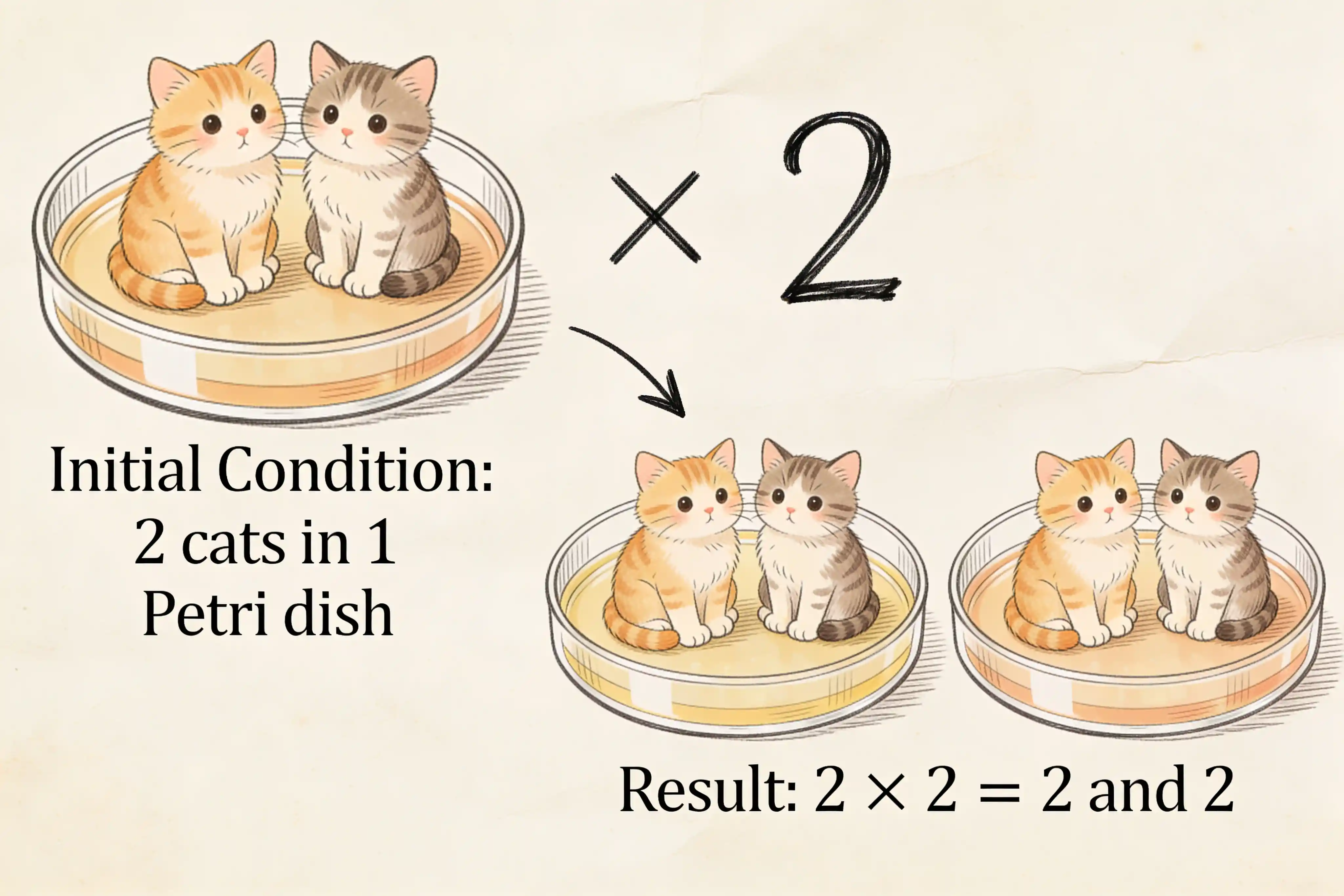 Scientific cat multiplication diagram with petri dish visuals