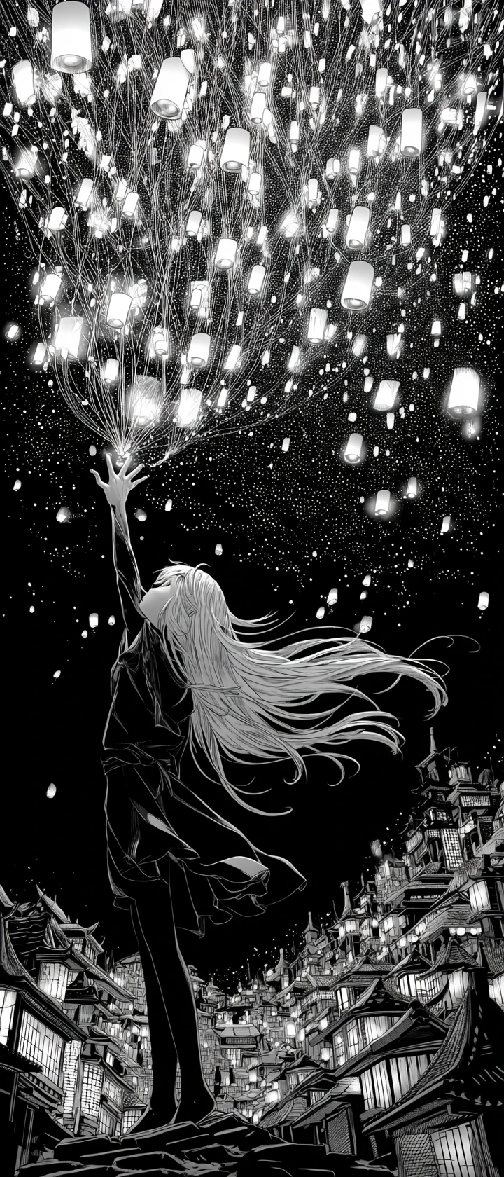 Anime girl weaving a glowing city in endless darkness