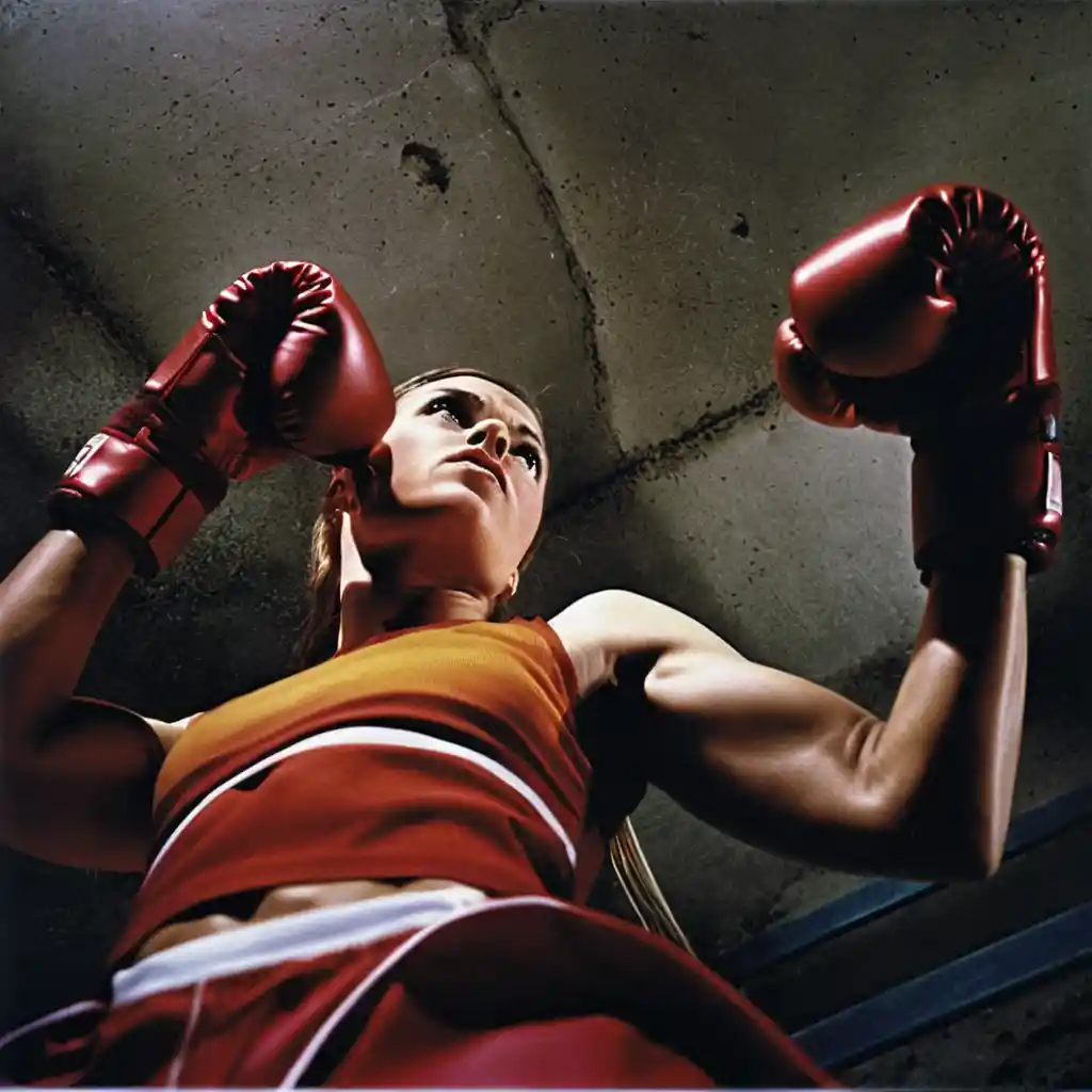 Female boxer in worms eye view under harsh spotlight
