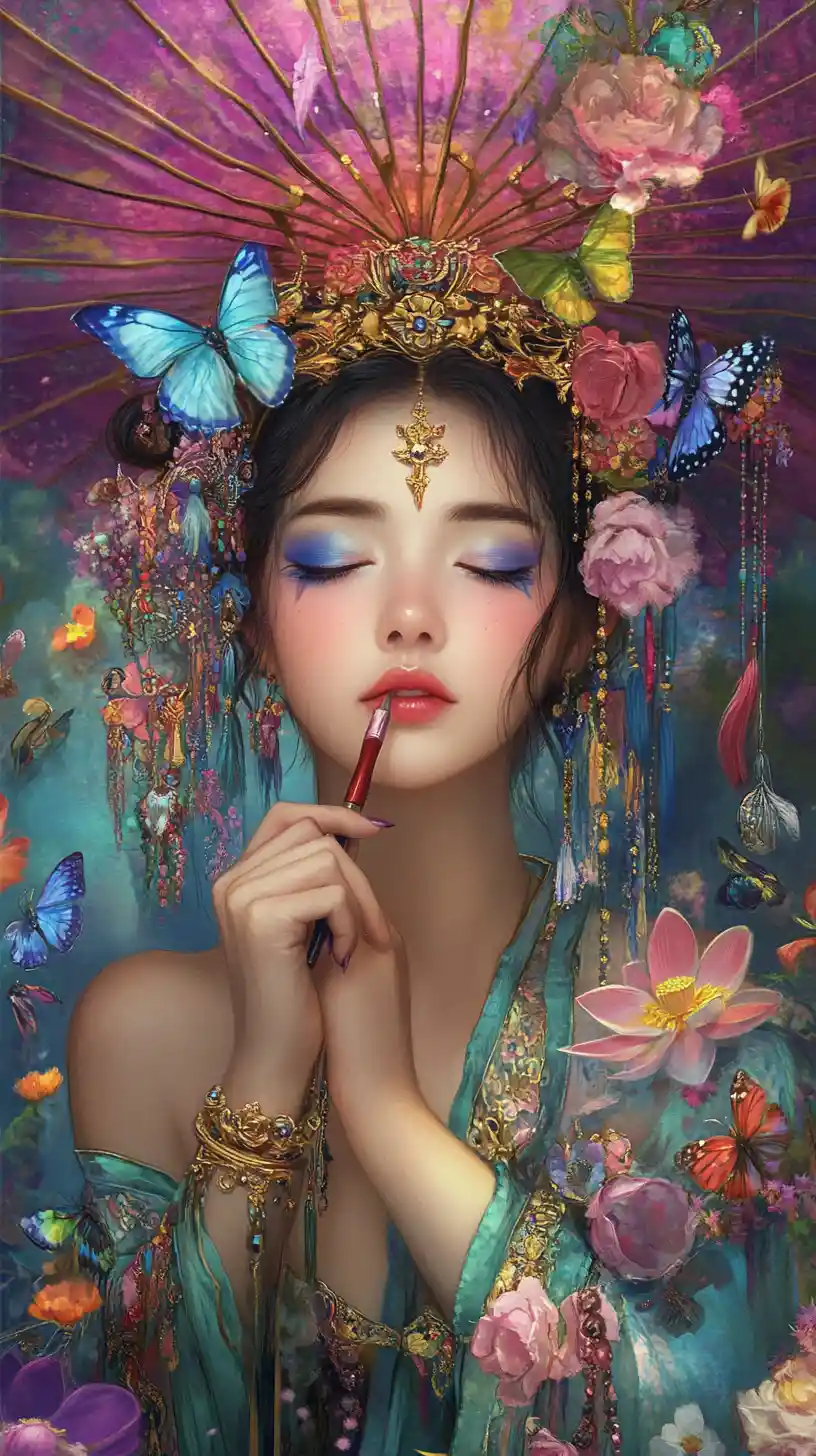 Fantasy woman with rainbow makeup under ornate parasol