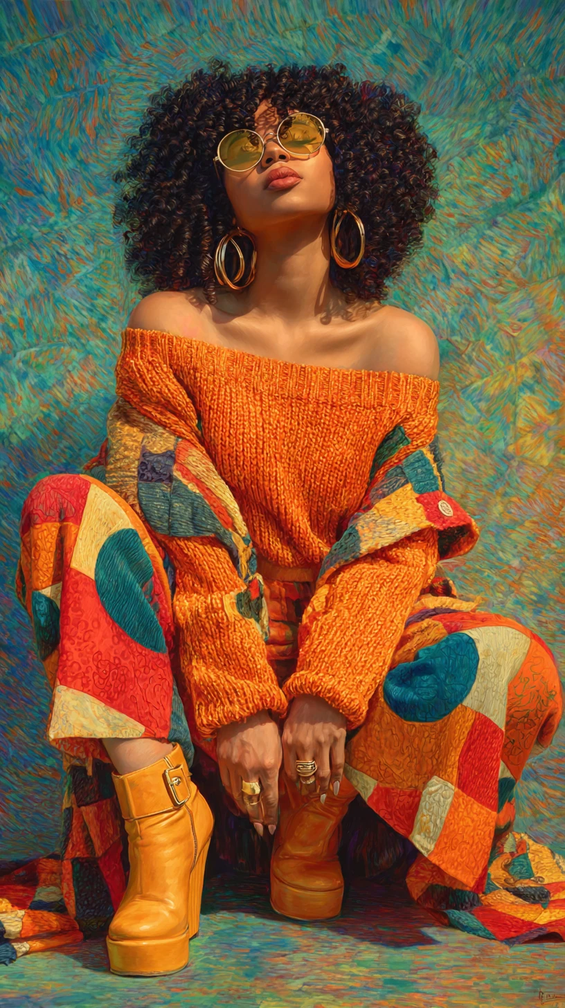 Young woman with afro hair in colorful patchwork outfit