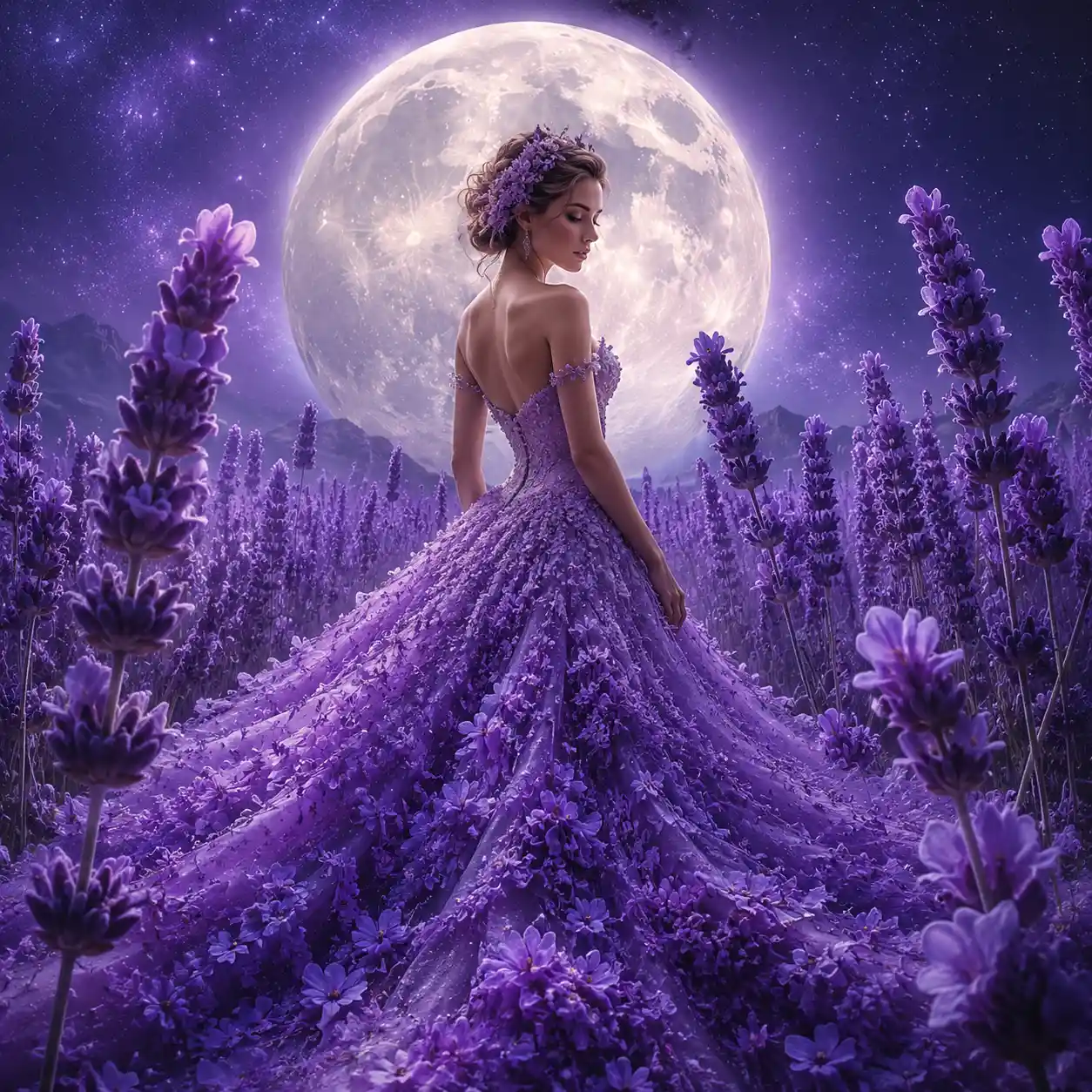 Elegant woman in lavender gown under a giant moon