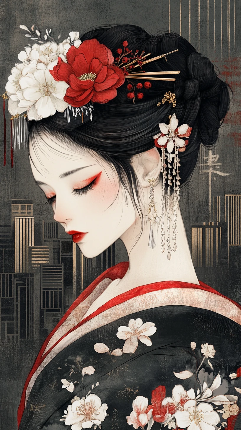 Japanese woman in kimono with floral hair ornaments