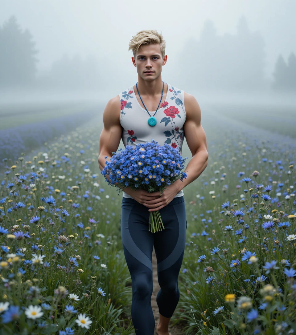 Young blond man walking barefoot in a summer flower field