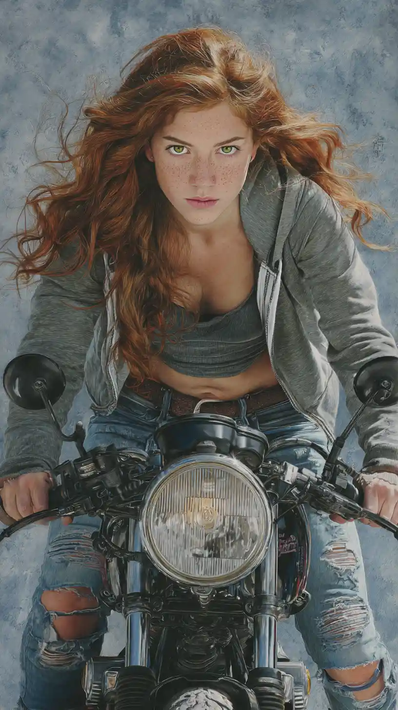Young woman on cafe racer motorcycle with windblown hair