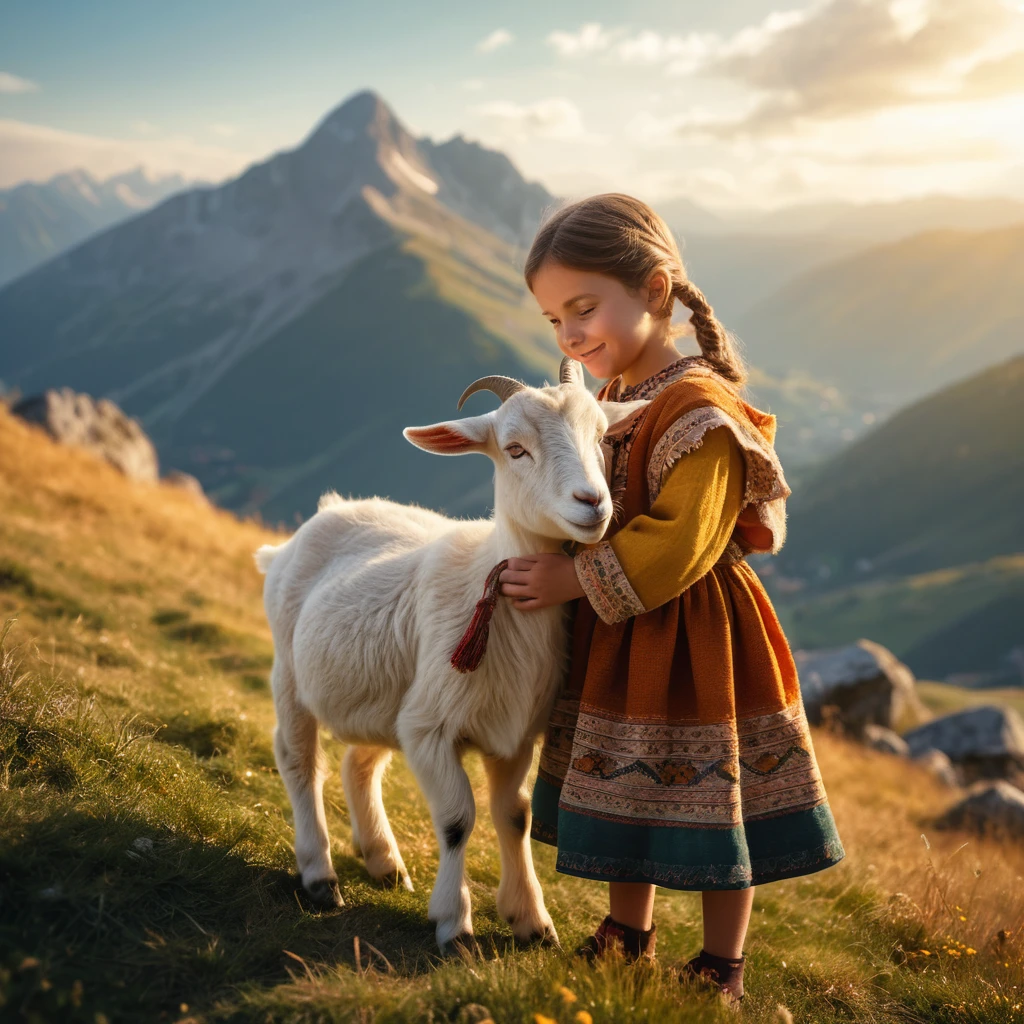 Little Girl Hugging Goat On Sunny Mountain Hillside