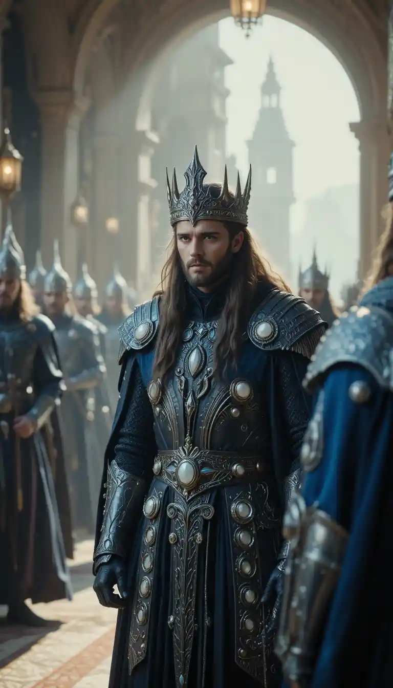 Elvish king presiding over knighting ceremony in grand courtroom