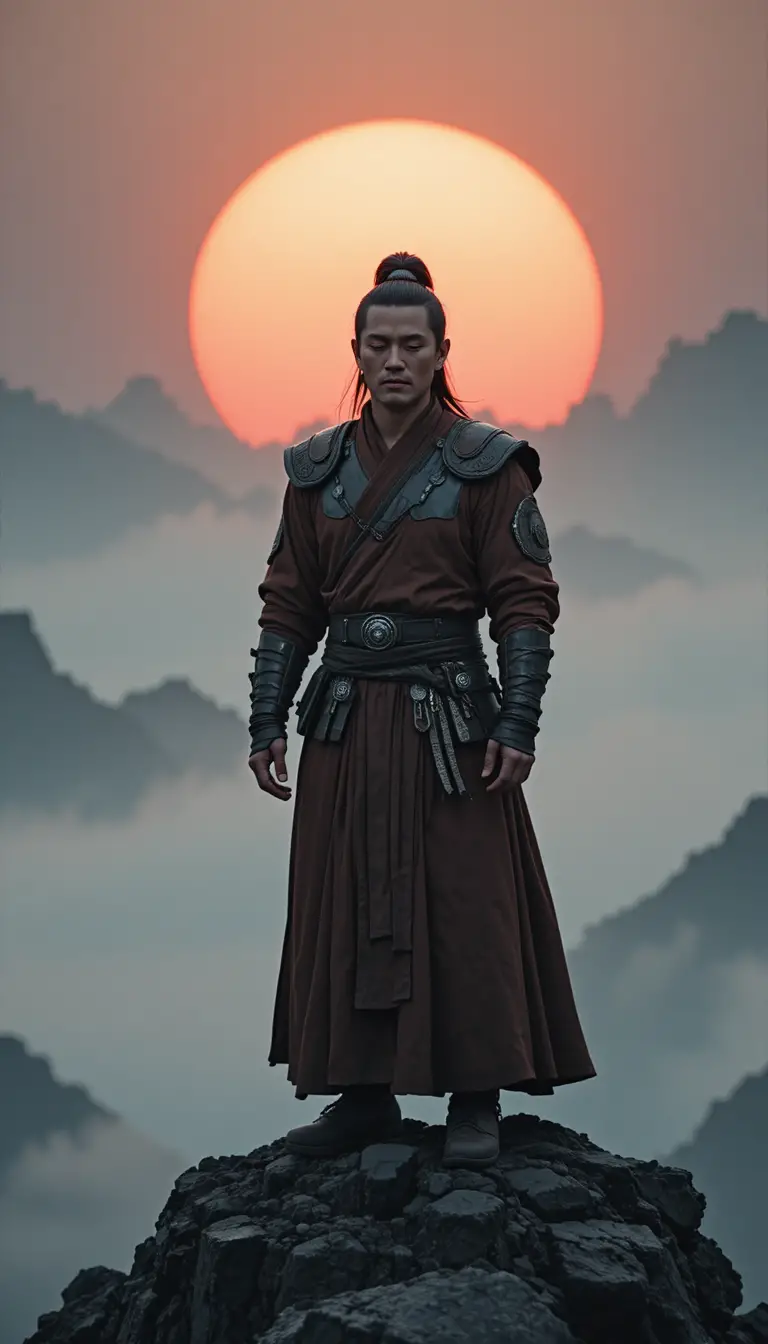 Meditating warrior monk on a misty mountain at sunset