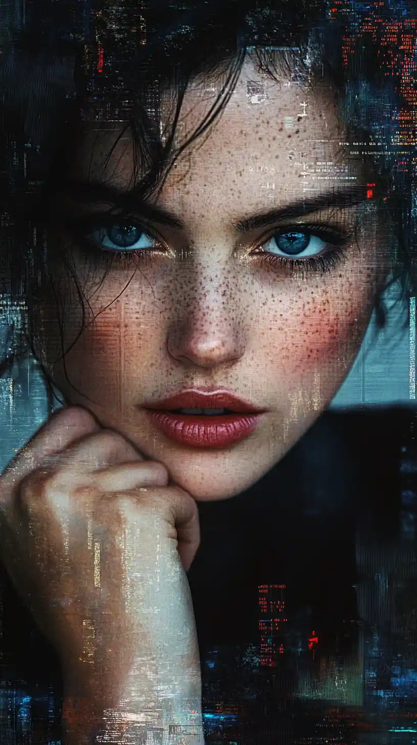 Pop art portrait of a woman with blue eyes and red lips