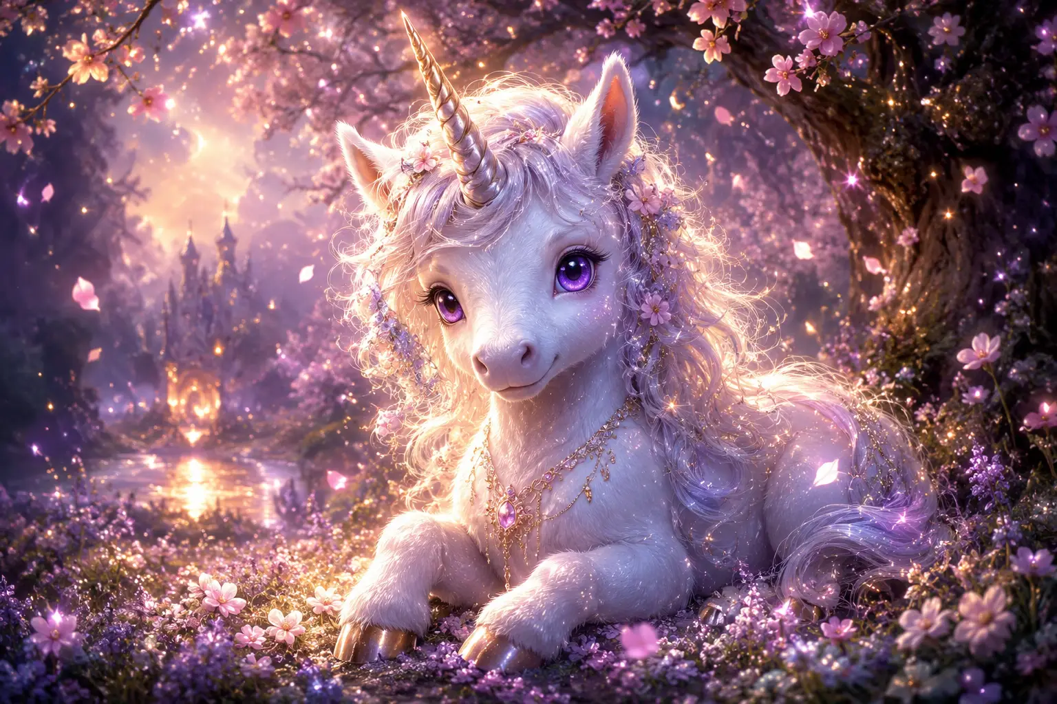 Cute baby unicorn resting in a glowing blossom meadow