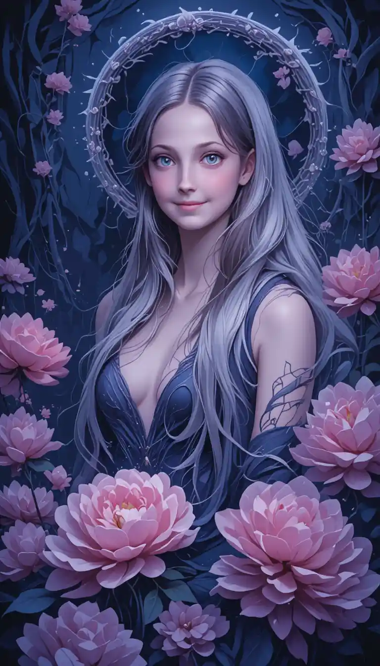 Silver haired goddess in flowers within an enchanted forest