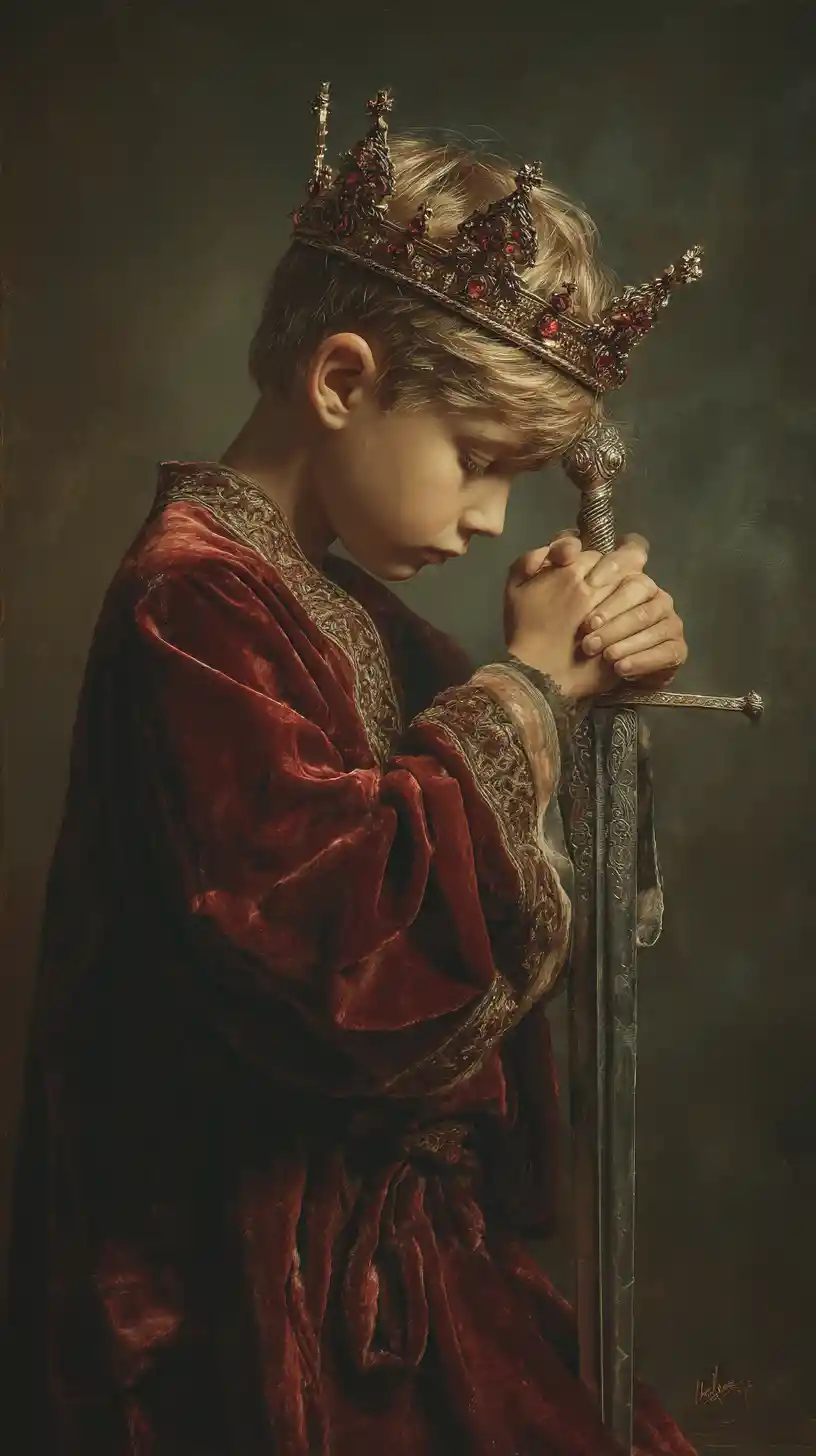 Young king bowing in solemn reverence with ceremonial sword