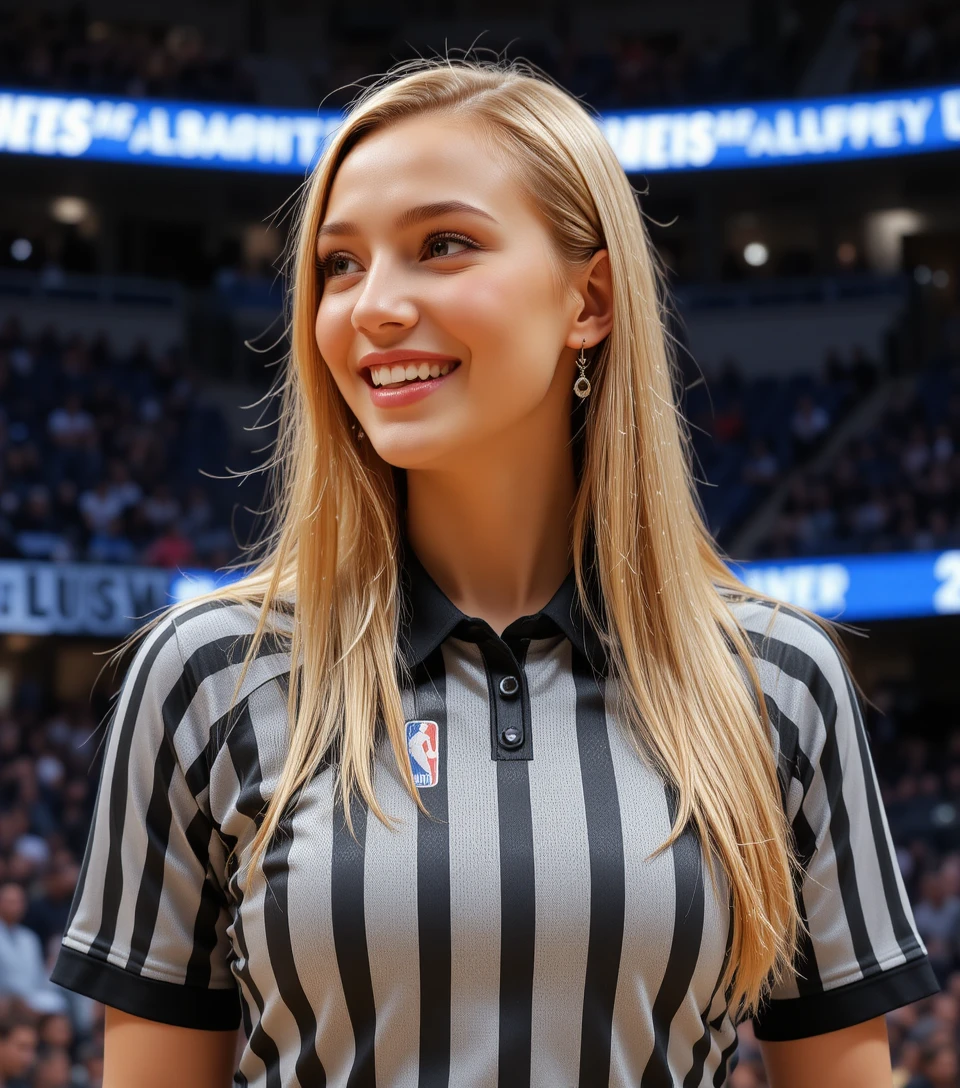 Smiling young female referee on an NBA basketball court