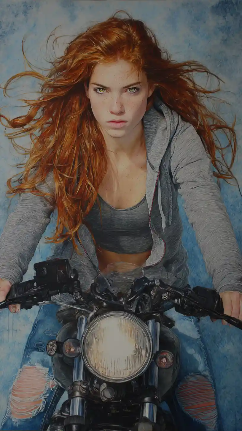 Fiery haired woman on cafe racer motorcycle portrait