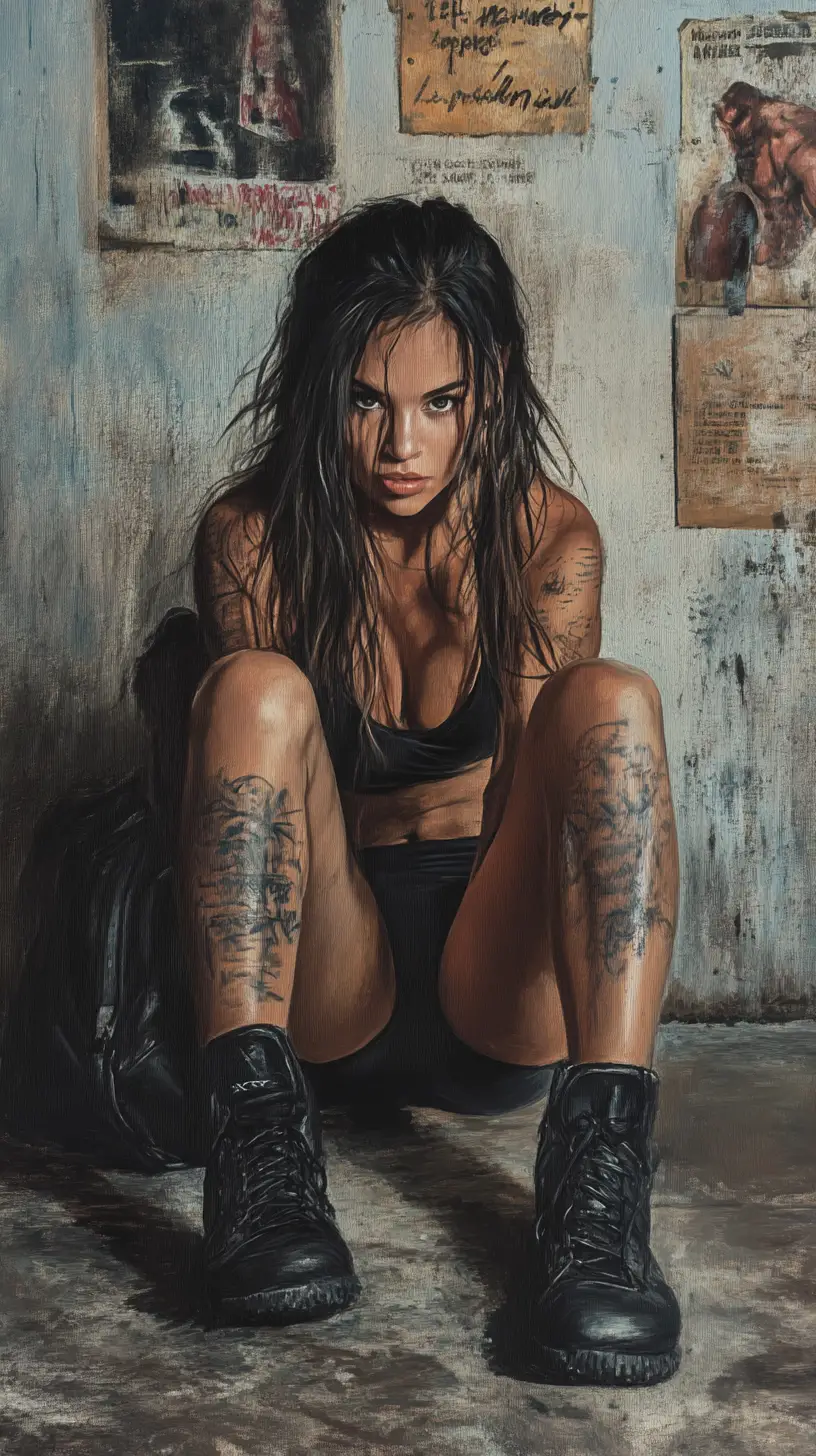 Exhausted female boxer resting on concrete gym floor