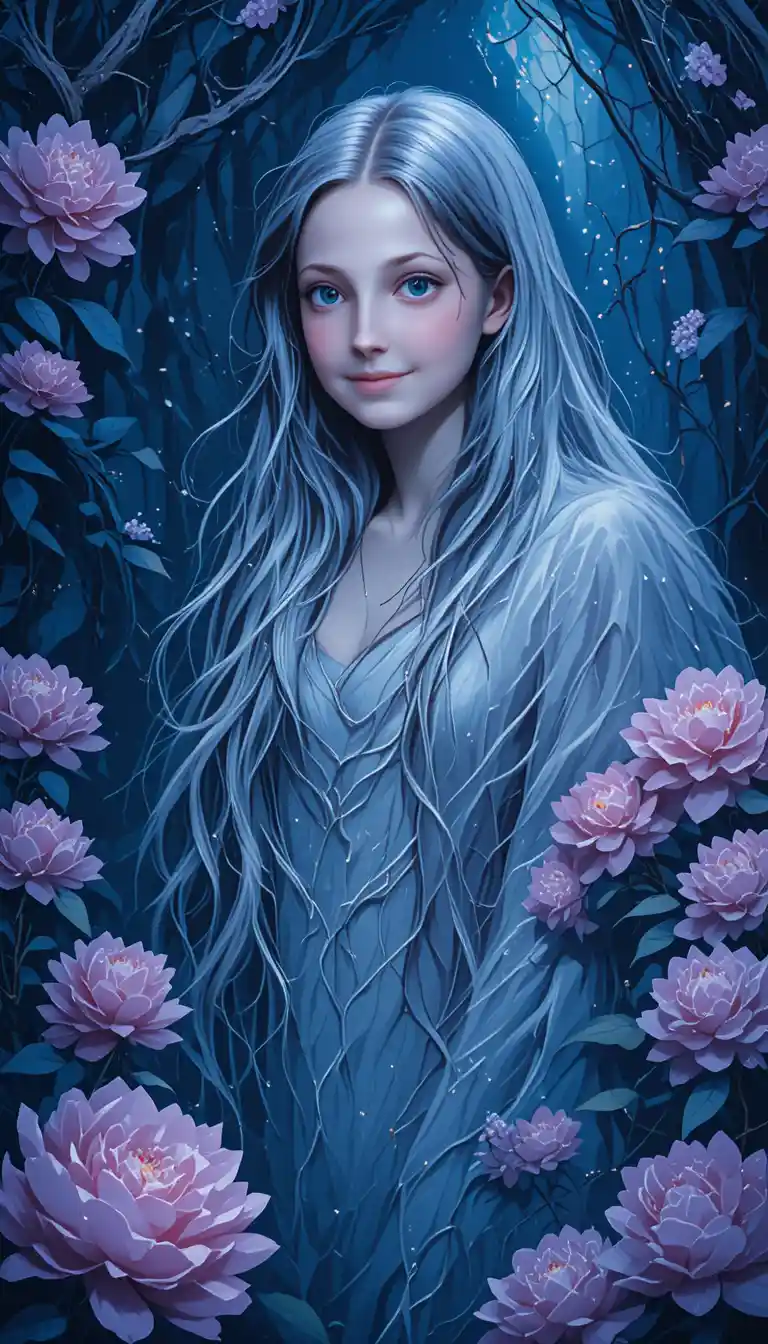 Silver haired goddess in flowers within an enchanted forest