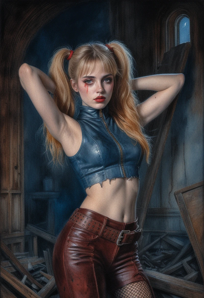 Woman in leather outfit lit by moonlight in ruins