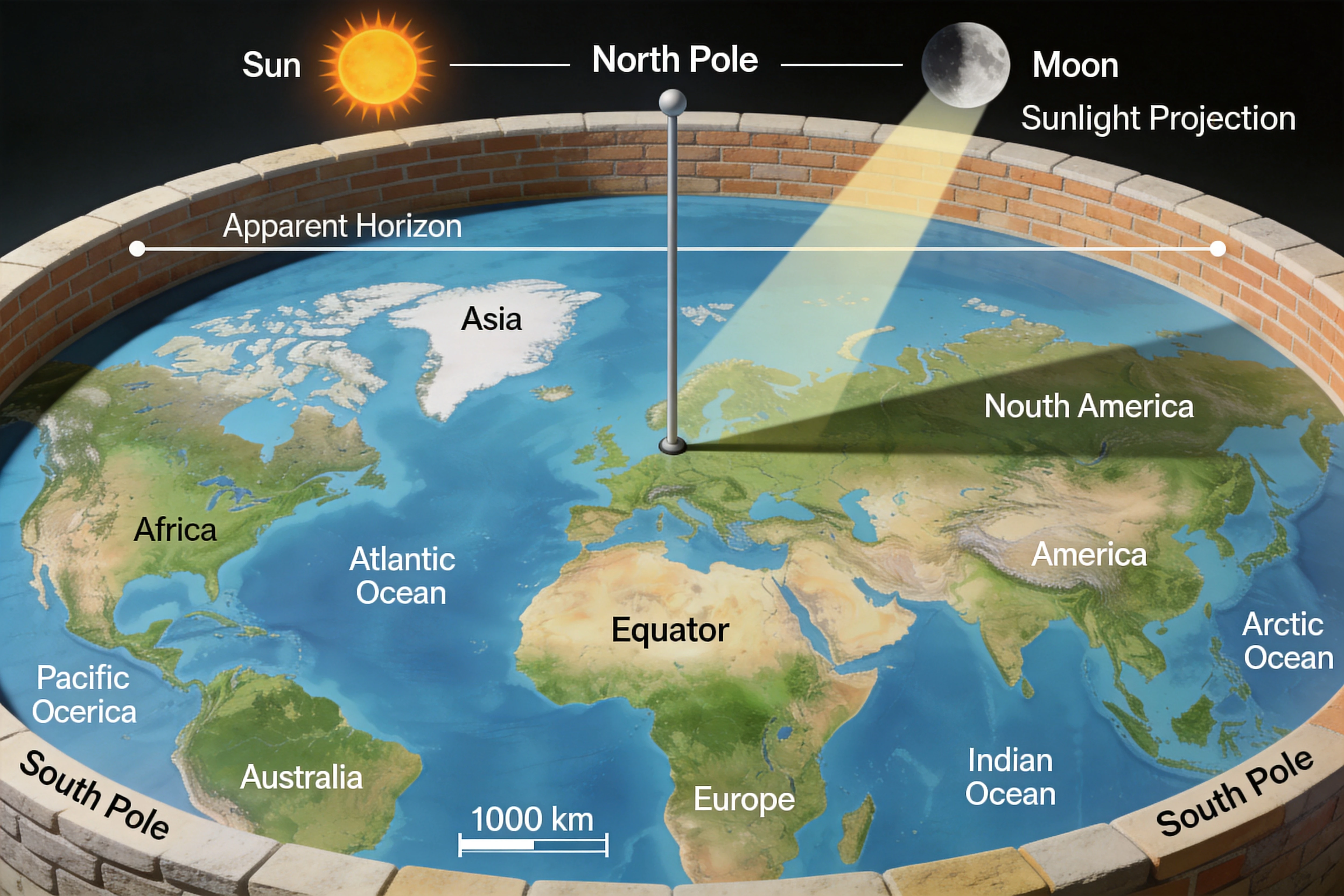 Detailed scientific style diagram of a flat earth concept