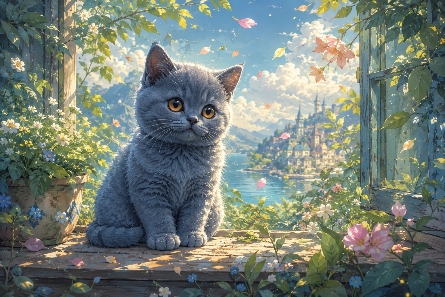Cute british shorthair kitten on a sunny windowsill