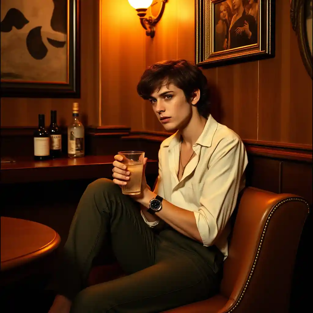 Man sitting alone in a bar corner in imperfect clothes