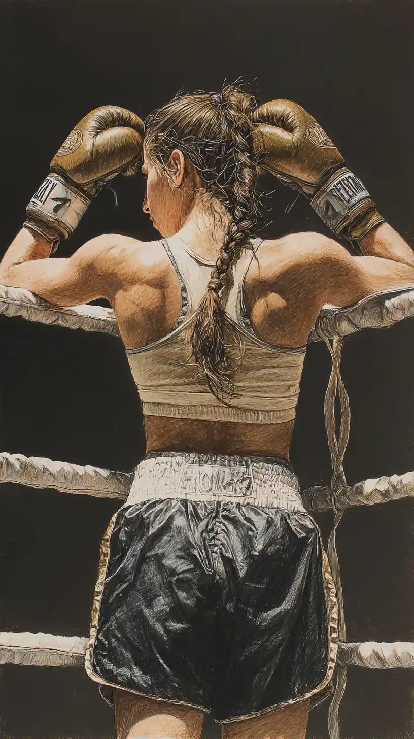 Female boxer resting on the ropes under warm spotlight