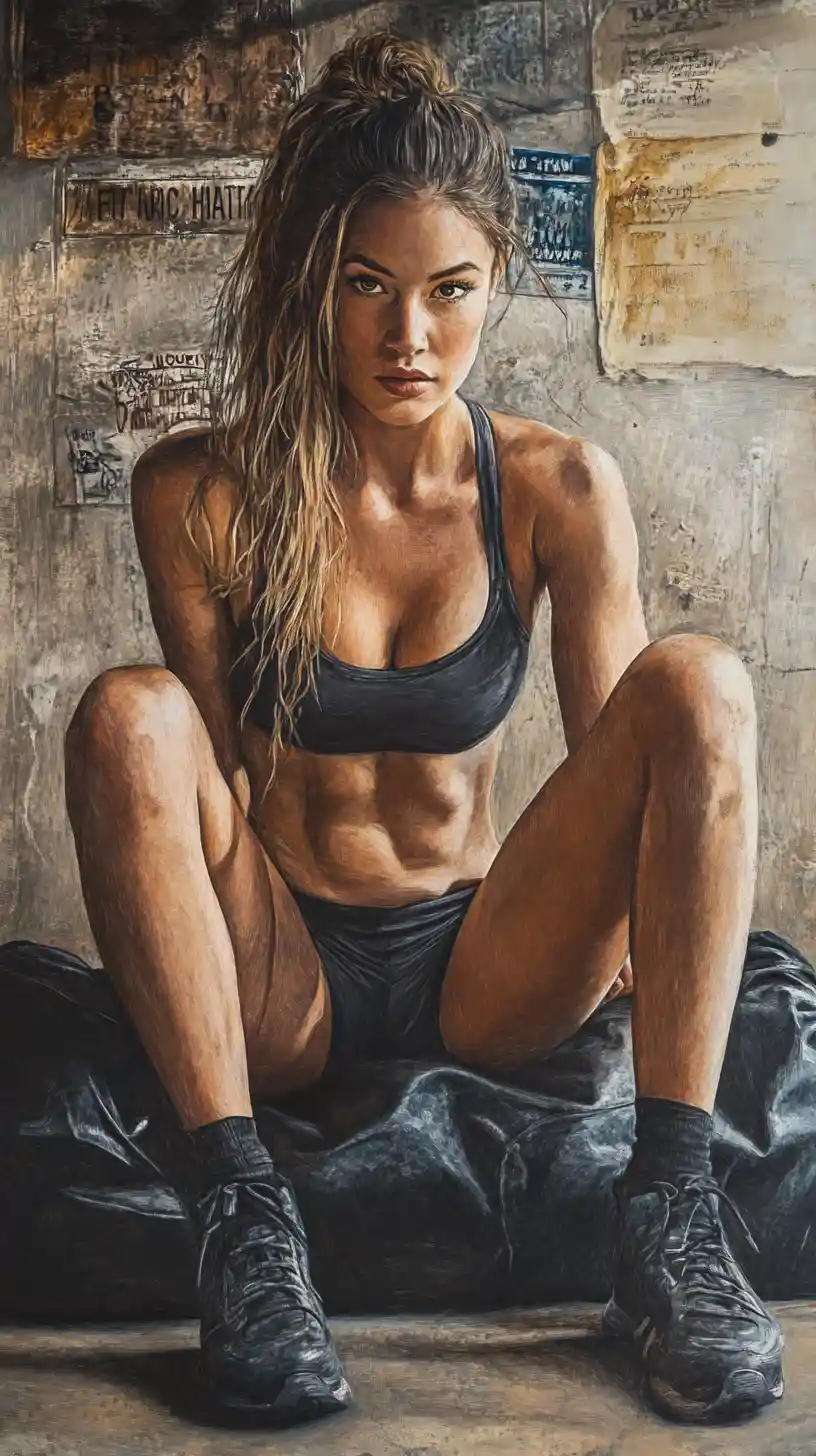 Exhausted boxer woman resting on a concrete gym floor