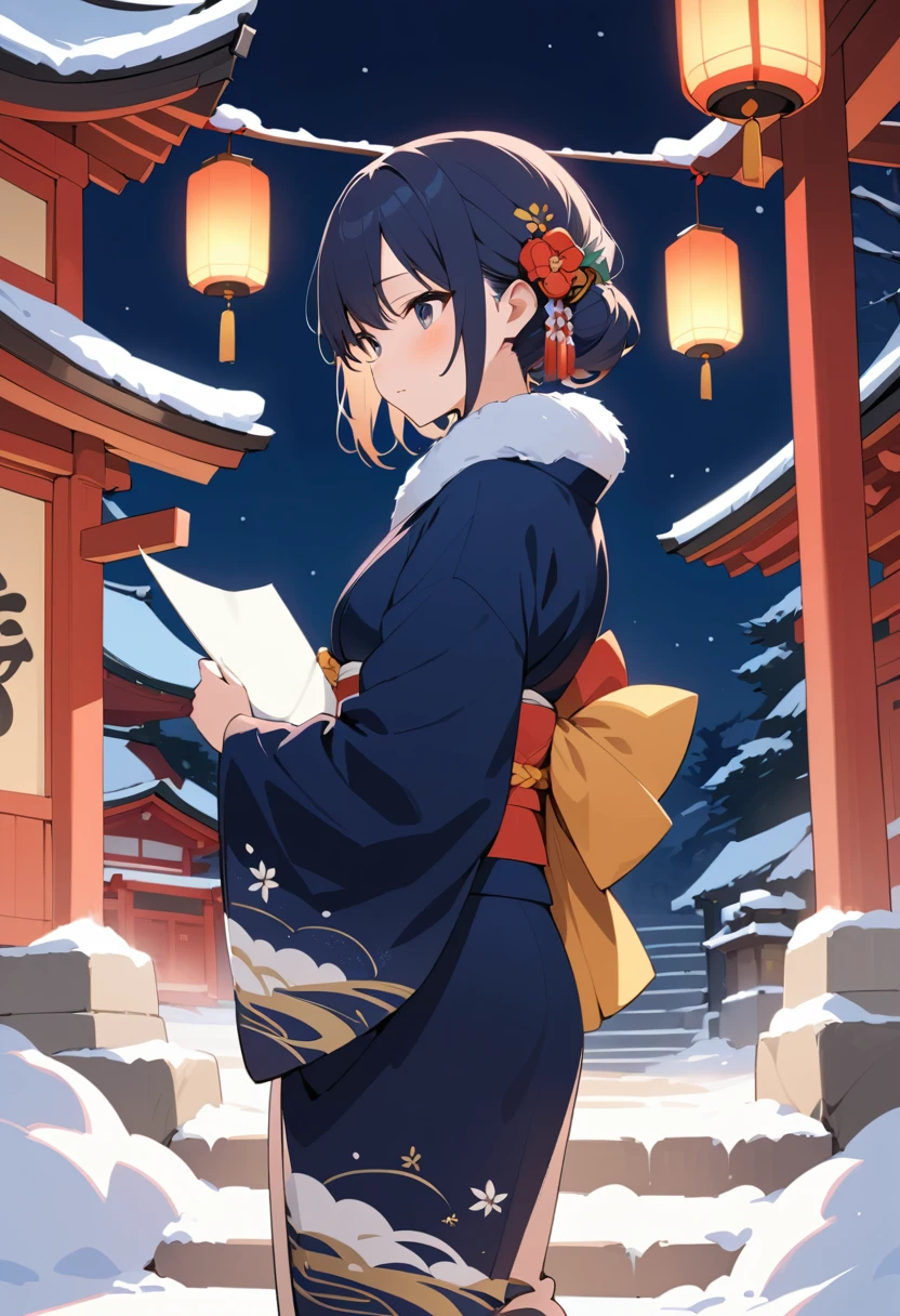 Girl in kimono with lantern on snowy shrine steps