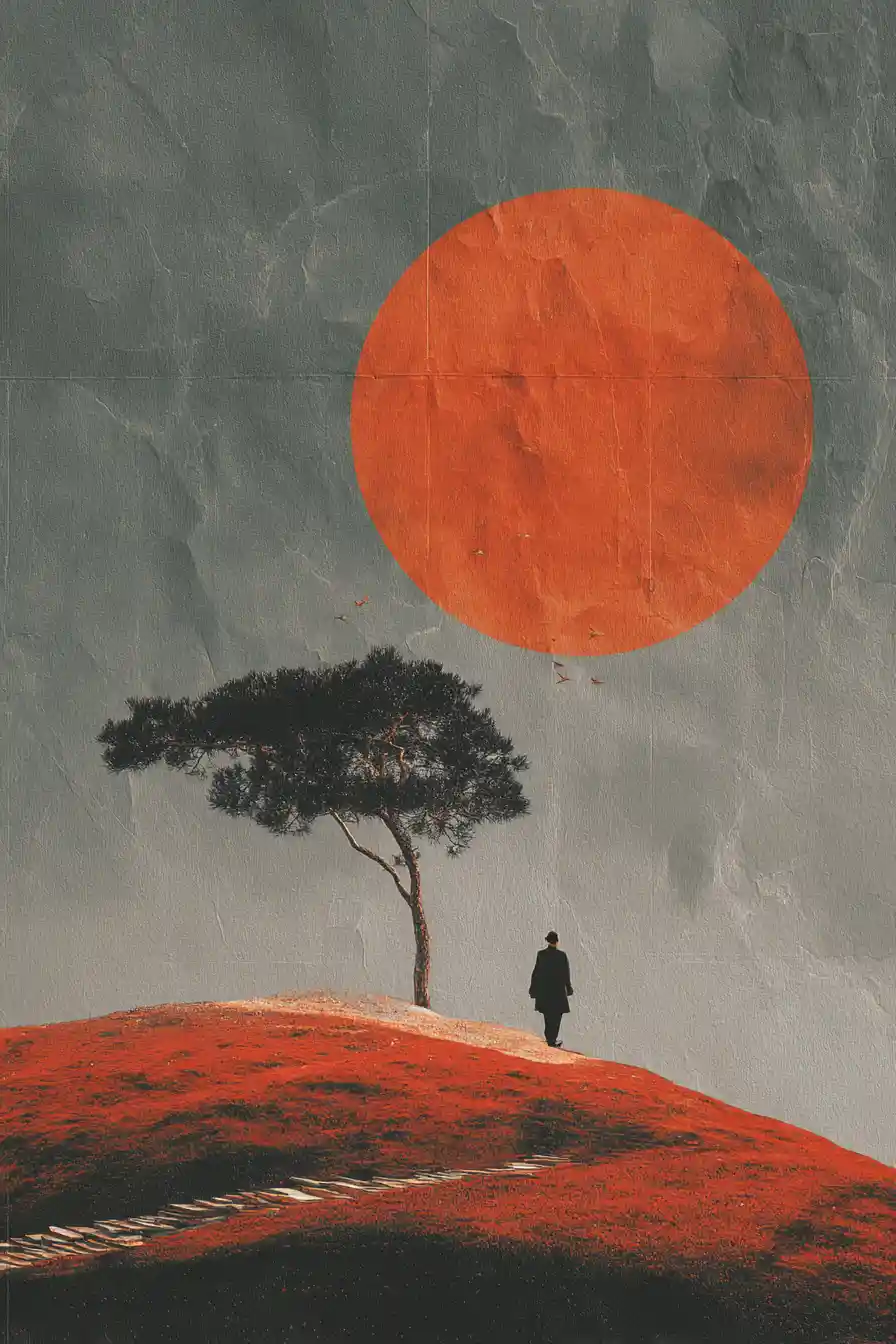 Moody surreal collage in red with minimalist abstract forms