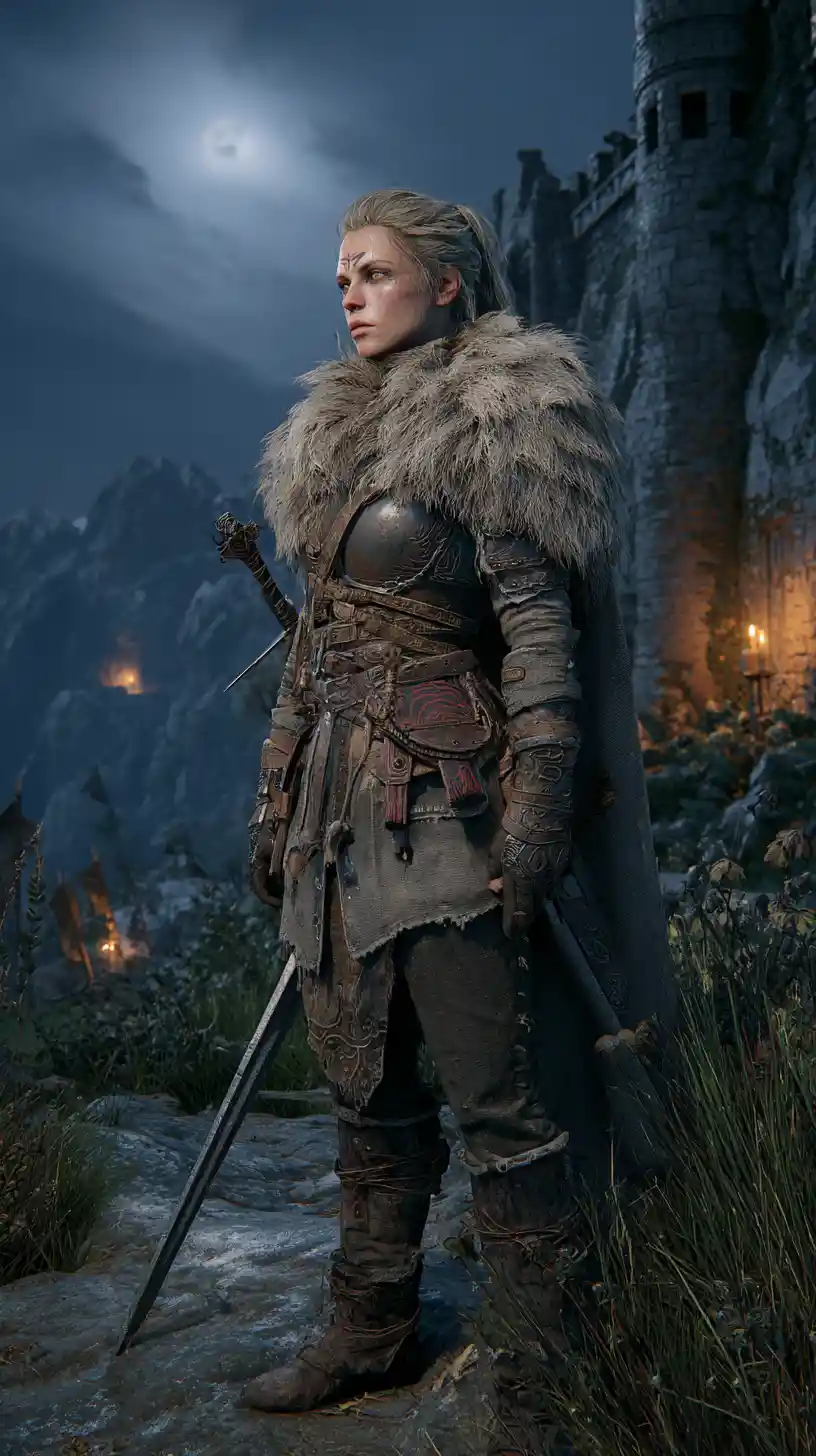 Warrior woman with rune sword in a stormy mountain pass