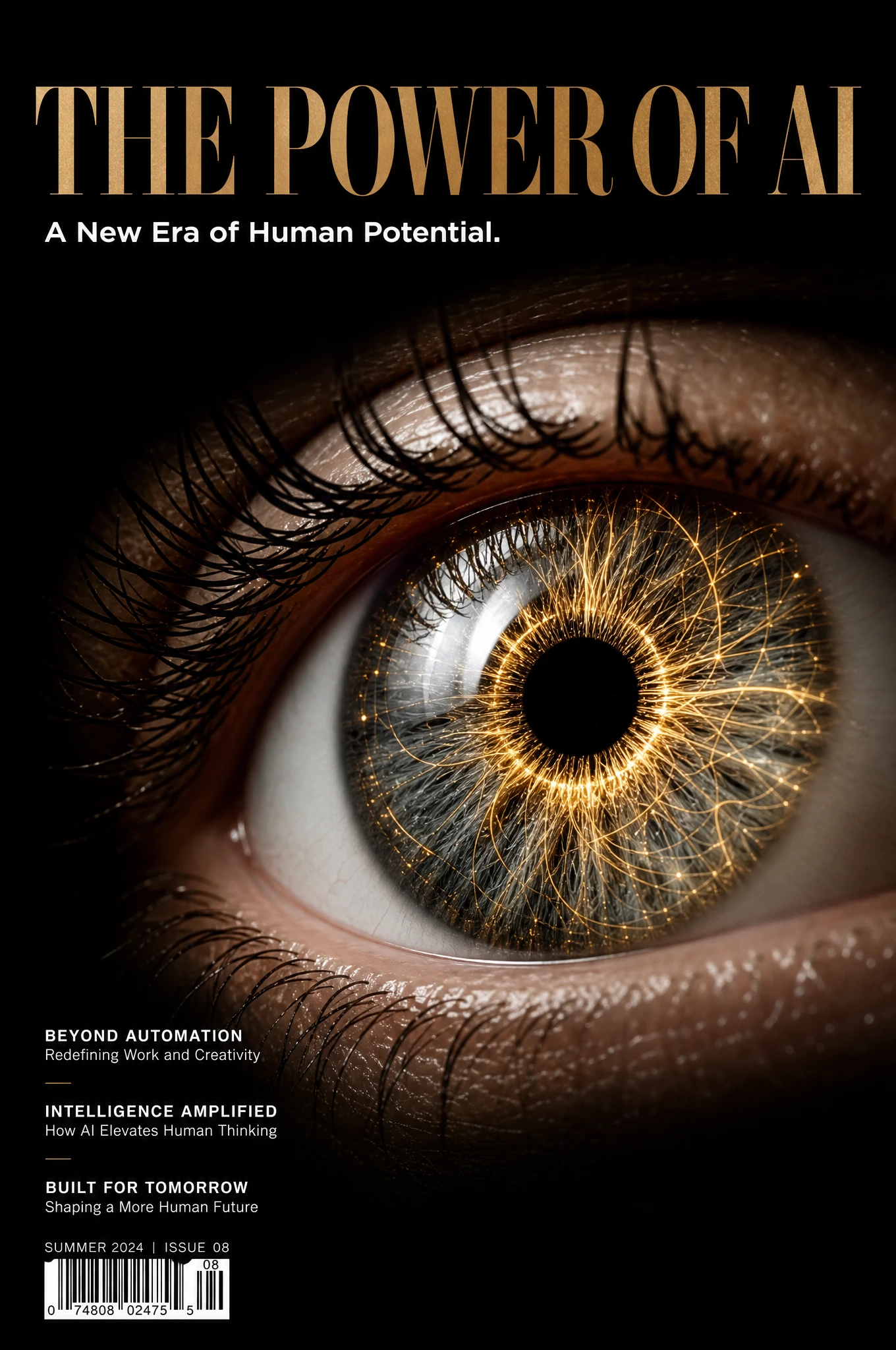 Macro human eye with glowing golden fiber optic iris