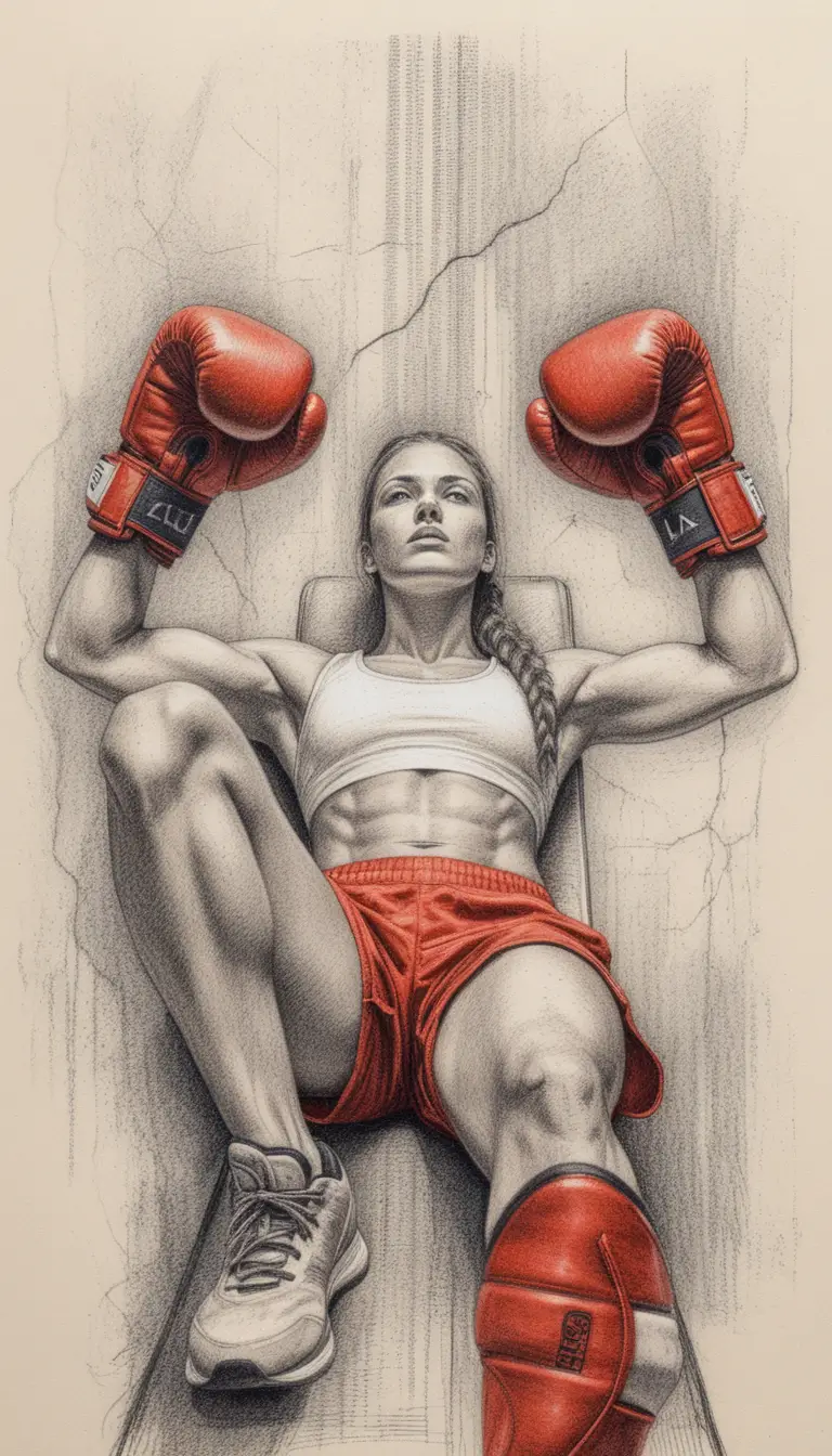 Young female boxer in low angle defensive ring portrait