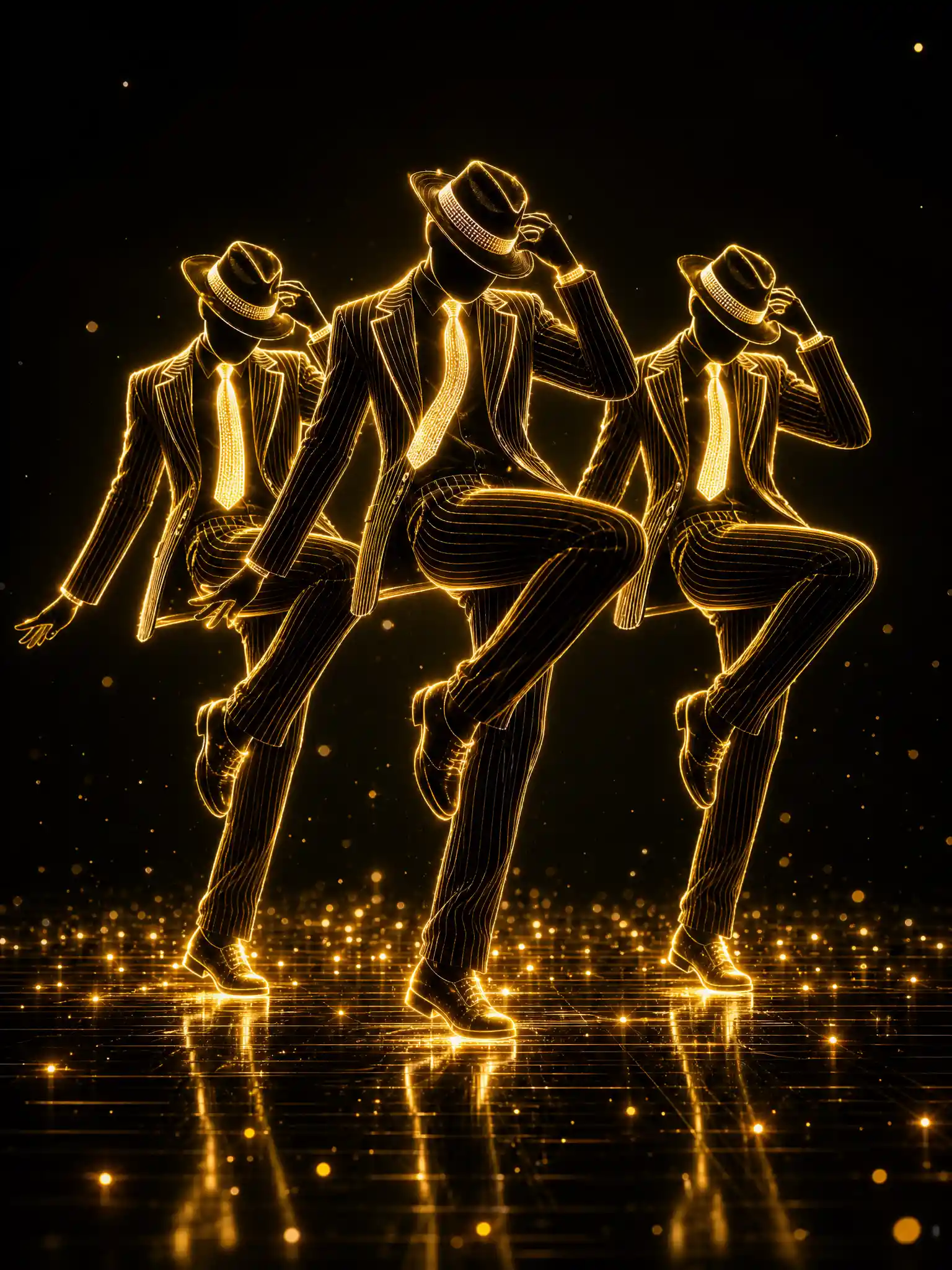 Three neon dancers in glowing gold outline on black stage