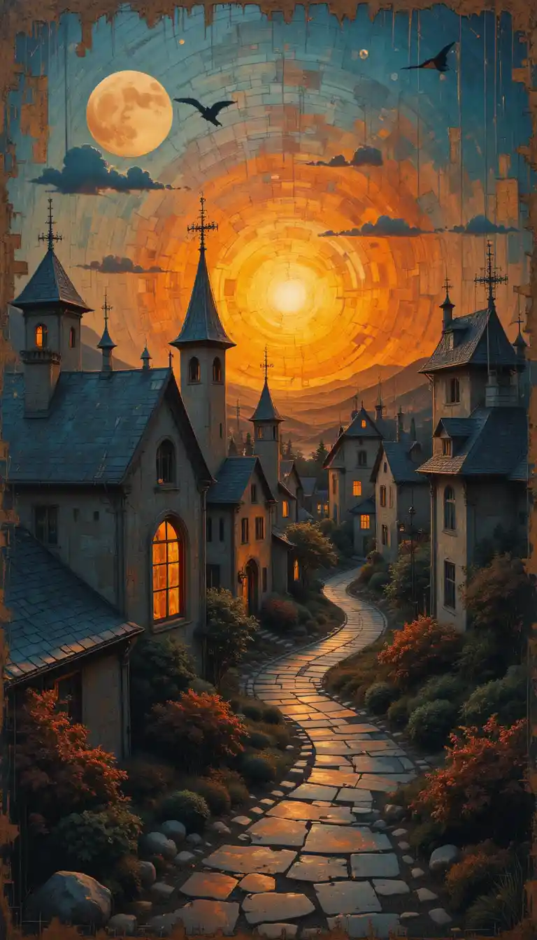 Whimsical abstract village glowing softly at sunset