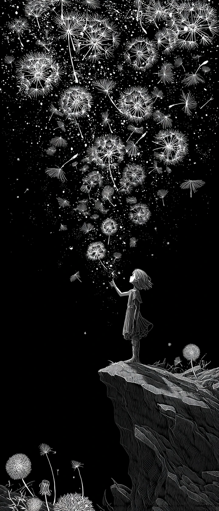 Anime girl on black cliff blowing glowing dandelion doors