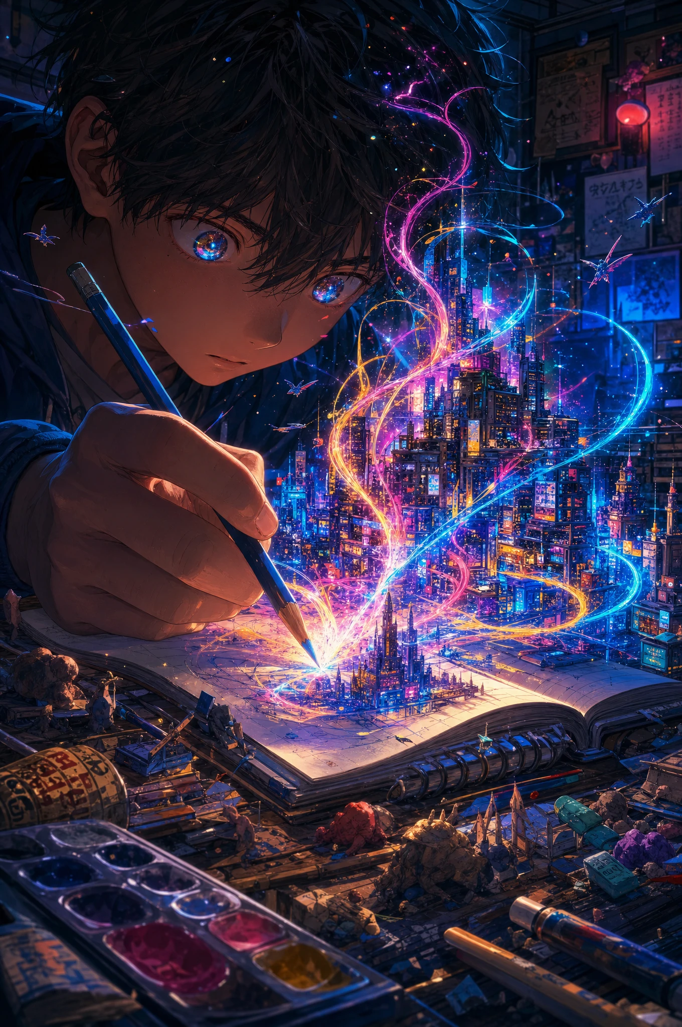 Anime boy drawing a glowing city that rises from his notebook