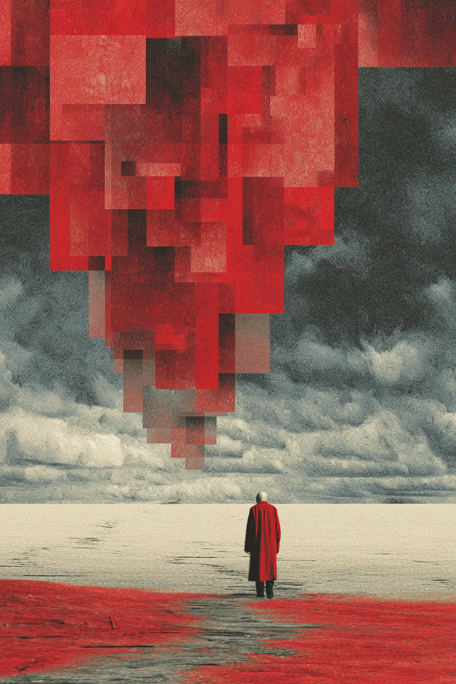 Surreal woman dissolving in red glitch and soft grain
