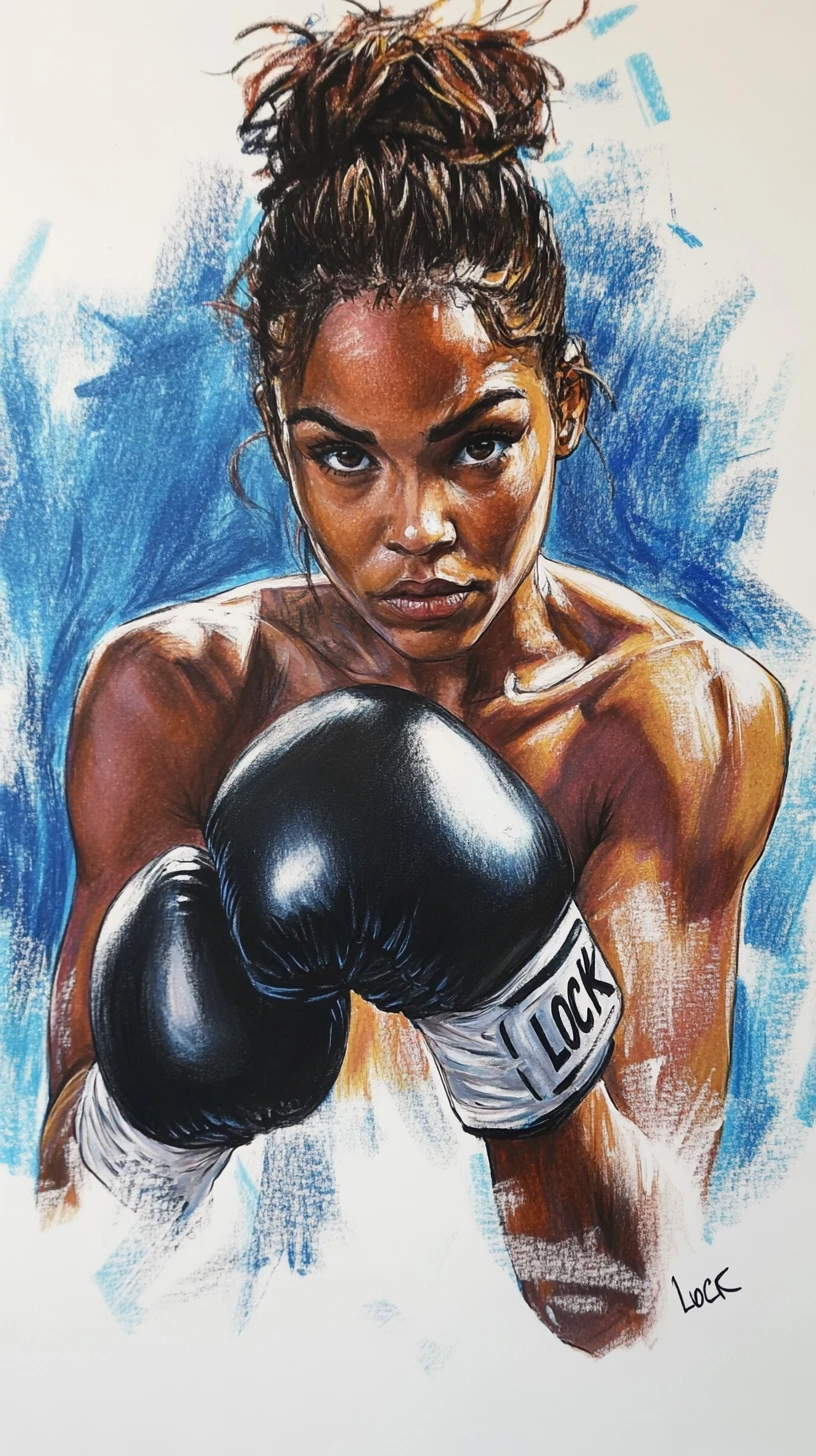Intense female boxer portrait in dramatic over the shoulder view