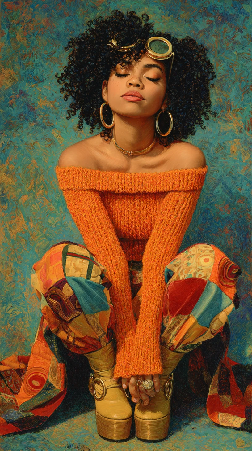 Young woman with afro hair in colorful patchwork outfit