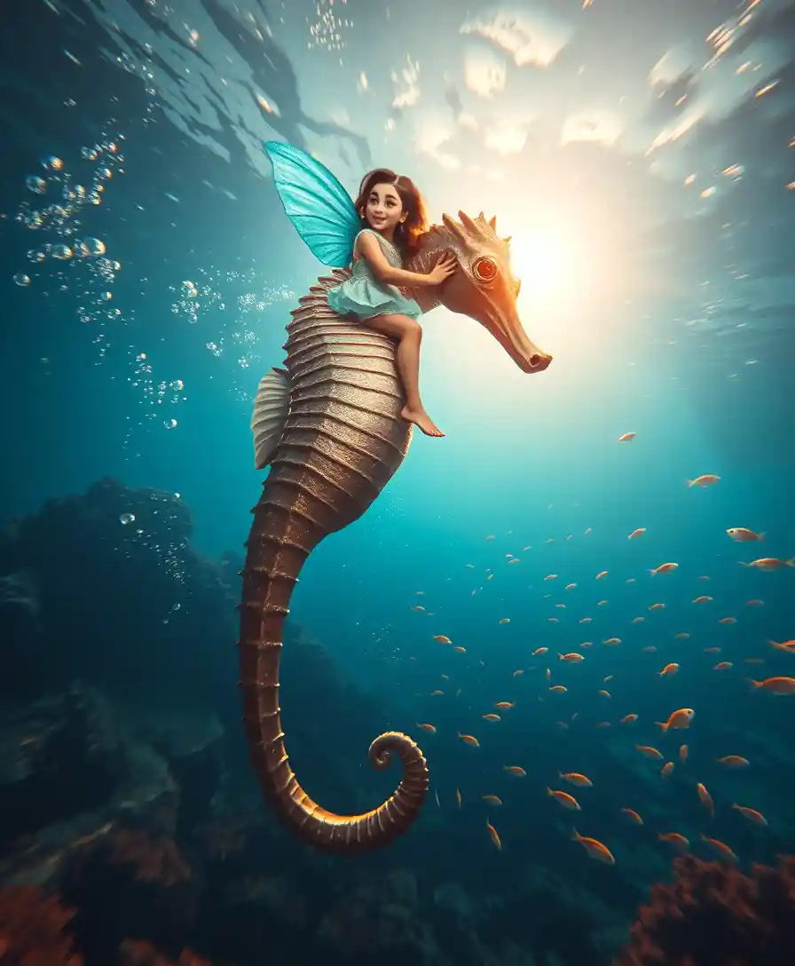 Girl riding a colossal seahorse through sunlit ocean waters